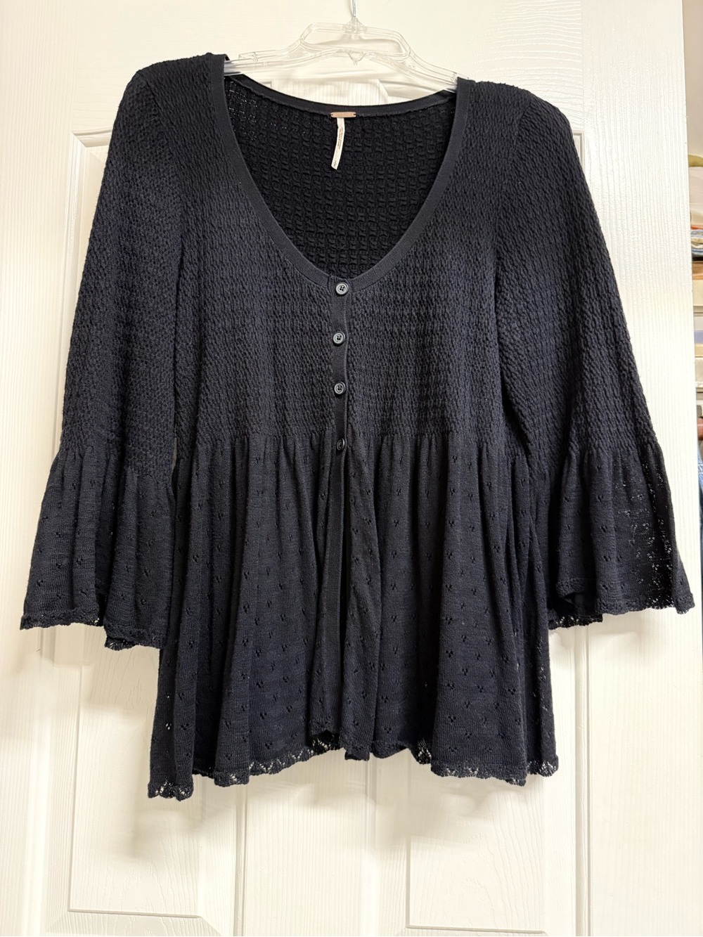 Free People Black Waffle Knit Peplum Button-Front Tunic Top